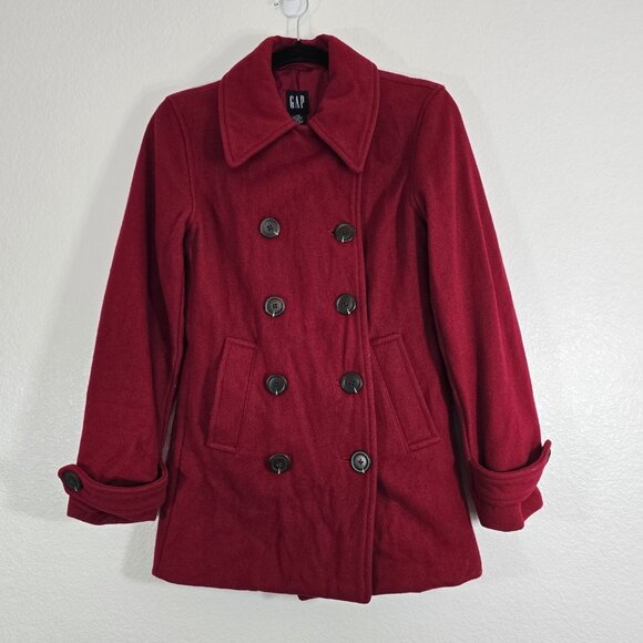 GAP Jackets & Blazers - Gap Pea Coat Jacket Women XS Red Wool Blend Button Preppy Classic